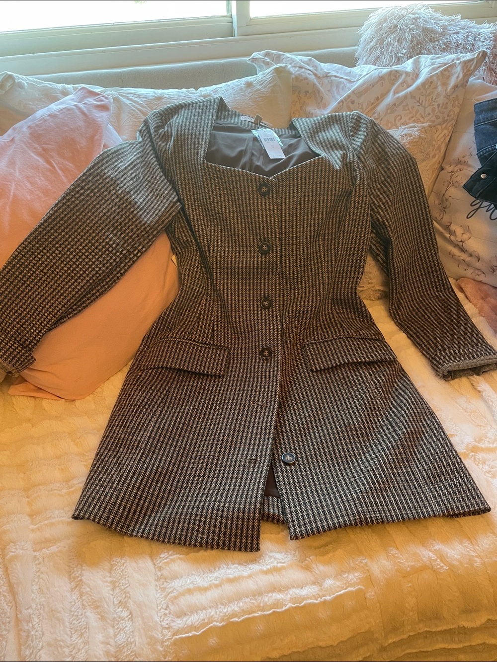 dolan Houndstooth Tailored Long Blazer dress in Brown and Black
